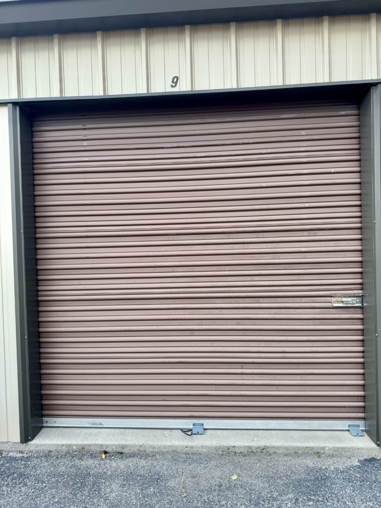 Close up of a storage unit's sliding door.