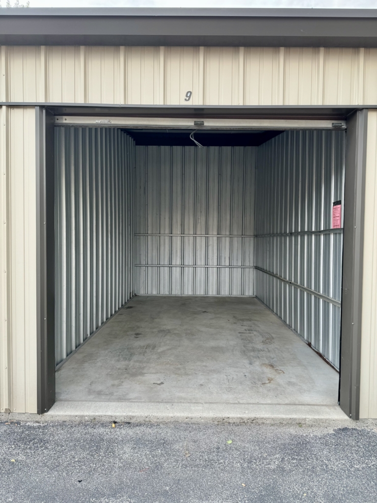 View inside a secure storage unit looking into it from outside with the door open